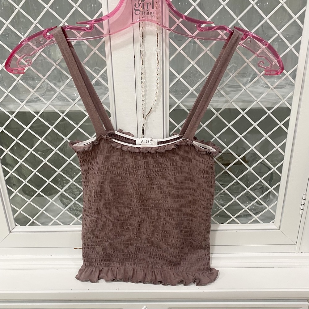 ADC Smocked Grey Frill Ruffle Tank Top Spaghetti Strap Sz S